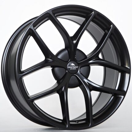 Black alloy wheel with five split-spoke design and a central hub cap with logo, against a light background.