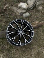 Black and silver Volkswagen alloy wheel rim lying on grass with a log and rocks nearby.