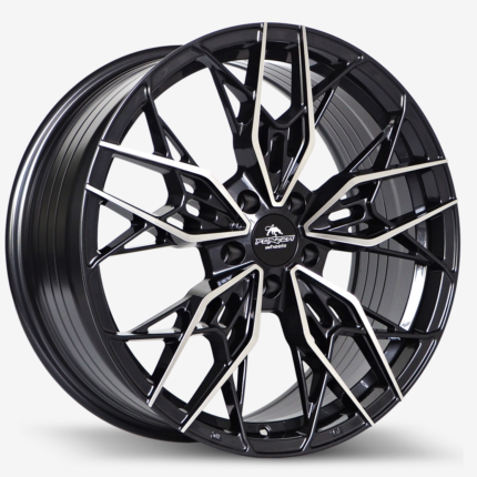Black multi-spoke alloy wheel with silver-edged spokes and a central hub cap for an aftermarket car rim accessory