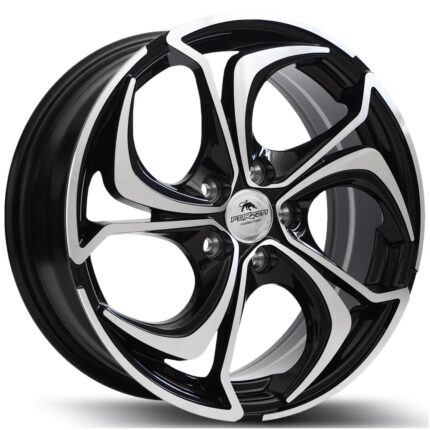 Black and silver alloy car wheel with a twisted five-spoke design and a center cap logo