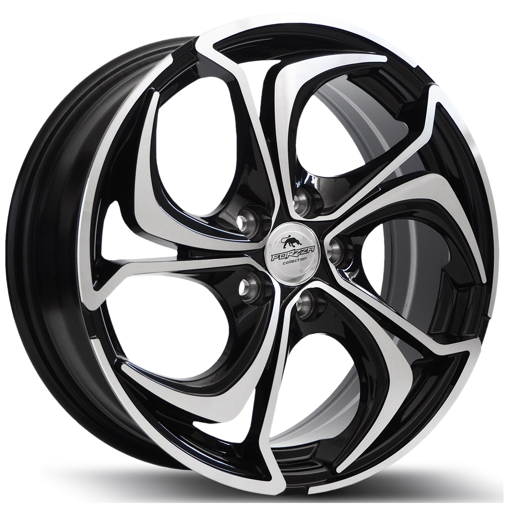 forzza_aktia_bfm_1000.jpg Black and silver alloy car wheel with a twisted five-spoke design and a center cap logo