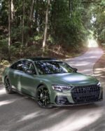 Front three-quarter view of a green Audi SUV parked on a winding forest road with trees on both sides.