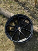 Black Porsche alloy wheel resting on a weathered log in a dry grassy area, center badge visible