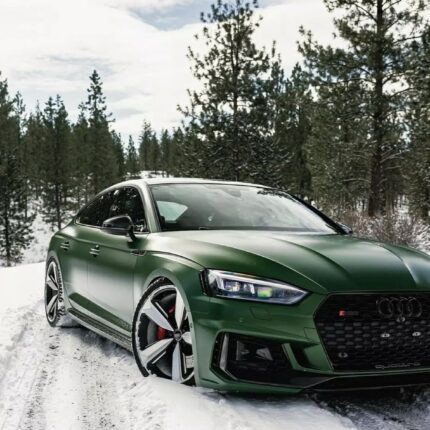 Green Audi sedan parked on a snow-covered forest road with evergreen trees in the background.