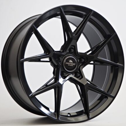Black multi-spoke alloy car wheel with a centered logo cap reading 'FORGE wheels' (Forza Wheels) against a light background