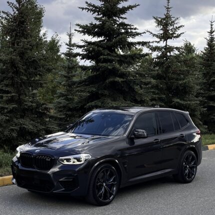 Black BMW SUV parked on a paved lot with evergreen trees in the background, daytime.