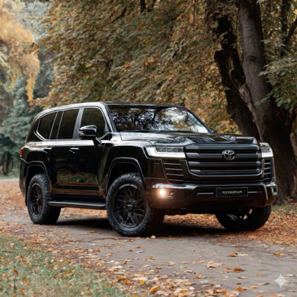 Black Toyota SUV parked on a leaf-strewn road during autumn, front three-quarter view showing chrome grille and headlights with tires.