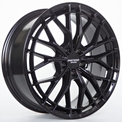 Black glossy multi-spoke alloy car wheel with a central hub cap